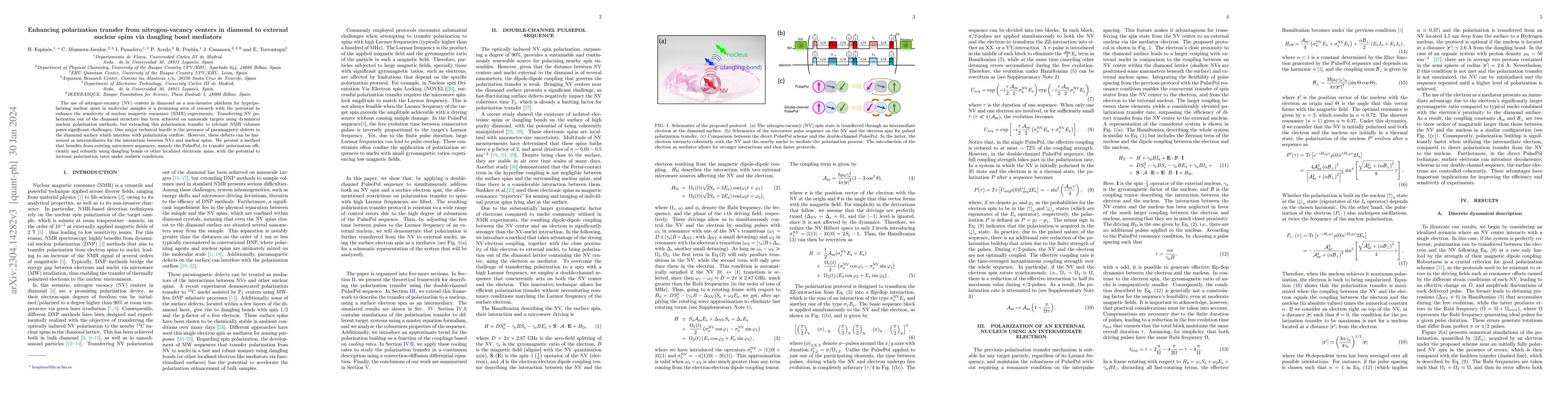 Thumbnail for Enhancing polarization transfer from nitrogen-vacancy centers in diamond
  to external nuclear spins via dangling bond mediators