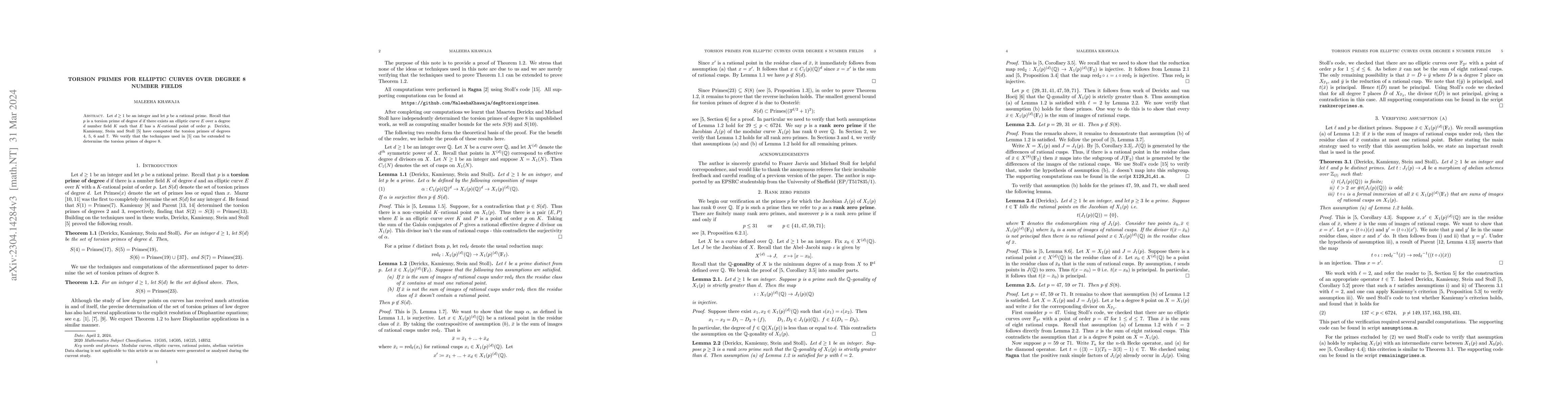 Thumbnail for Torsion primes for elliptic curves over degree 8 number fields