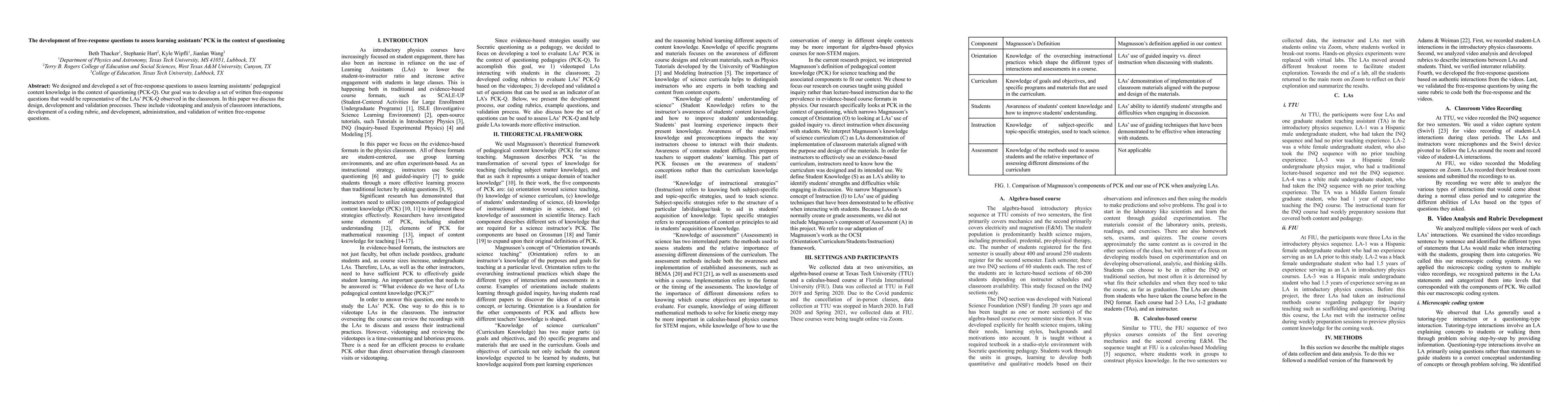 Thumbnail for The development of free-response questions to assess learning assistants
  PCK in the context of questioning
