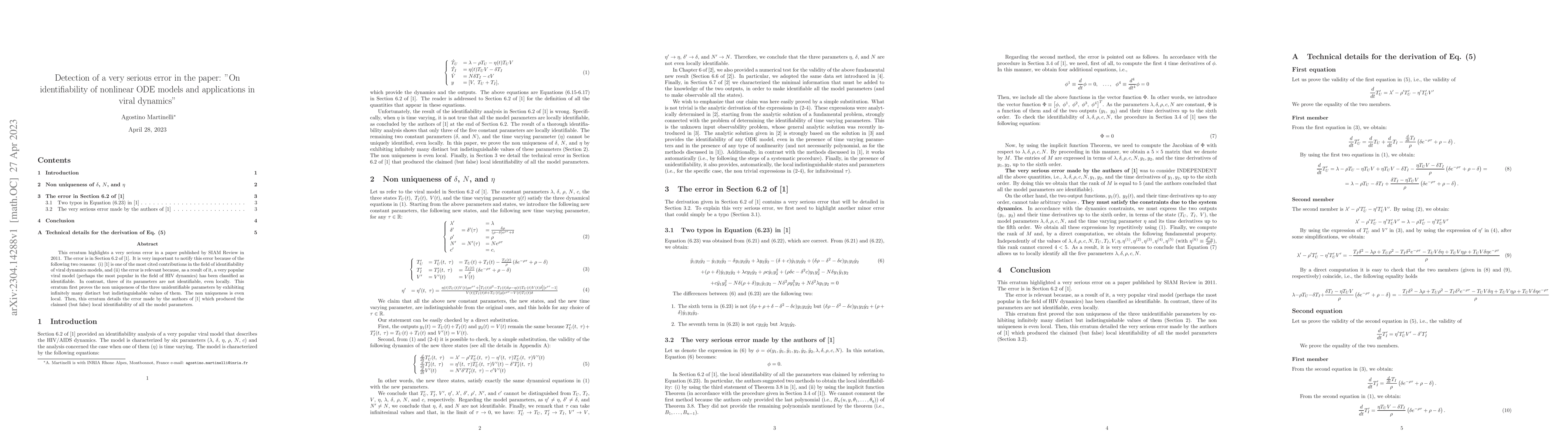 Thumbnail for Detection of a very serious error in the paper: "On identifiability of
  nonlinear ODE models and applications in viral dynamics"