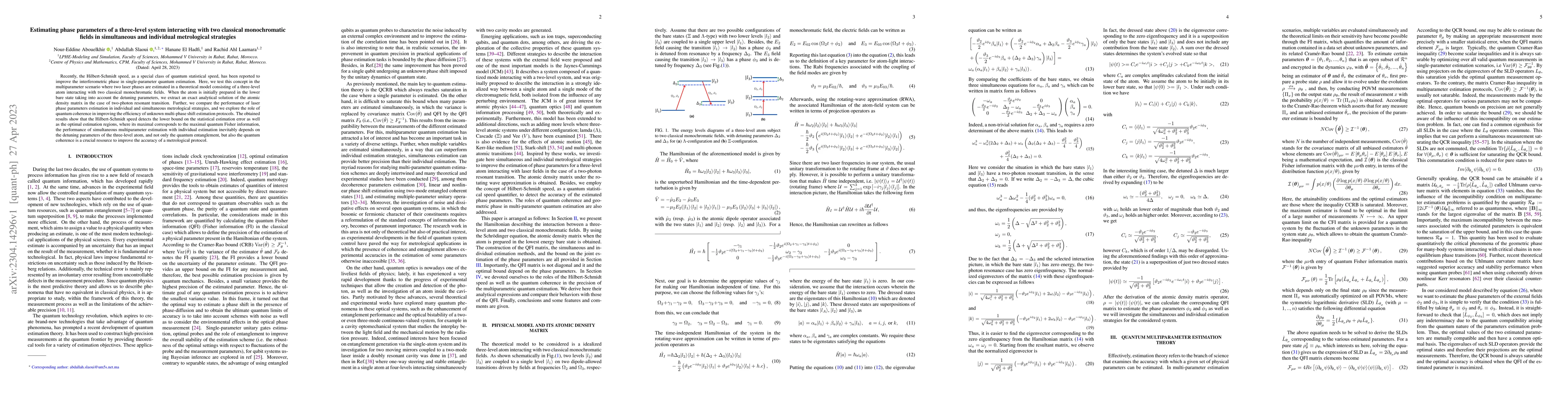 Thumbnail for Estimating phase parameters of a three-level system interacting with two
  classical monochromatic fields in simultaneous and individual metrological
  strategies
