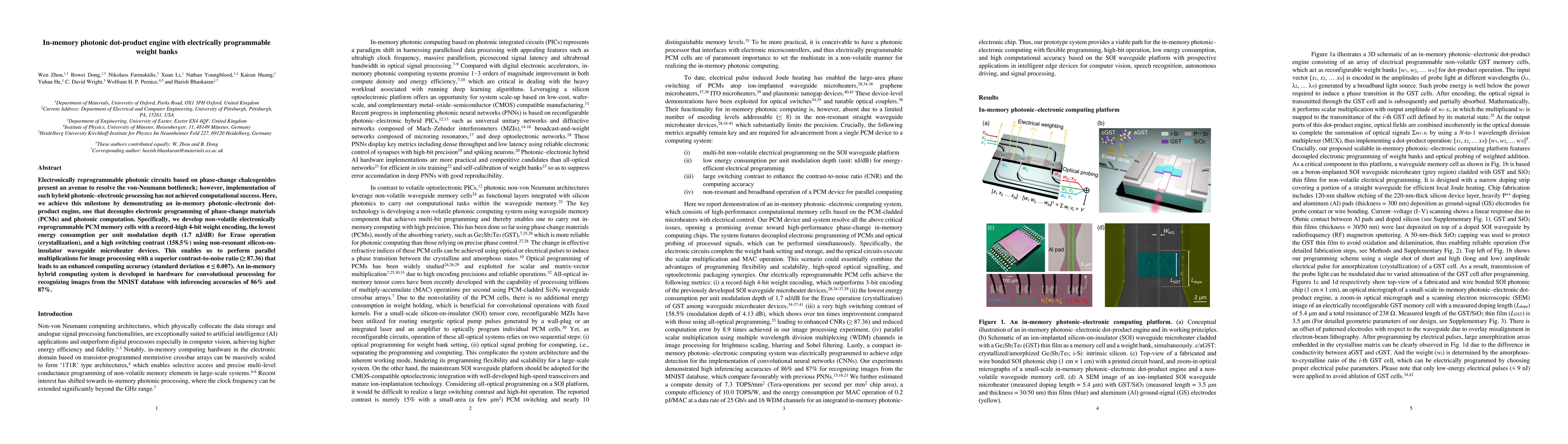 Thumbnail for In-memory photonic dot-product engine with electrically programmable
  weight banks