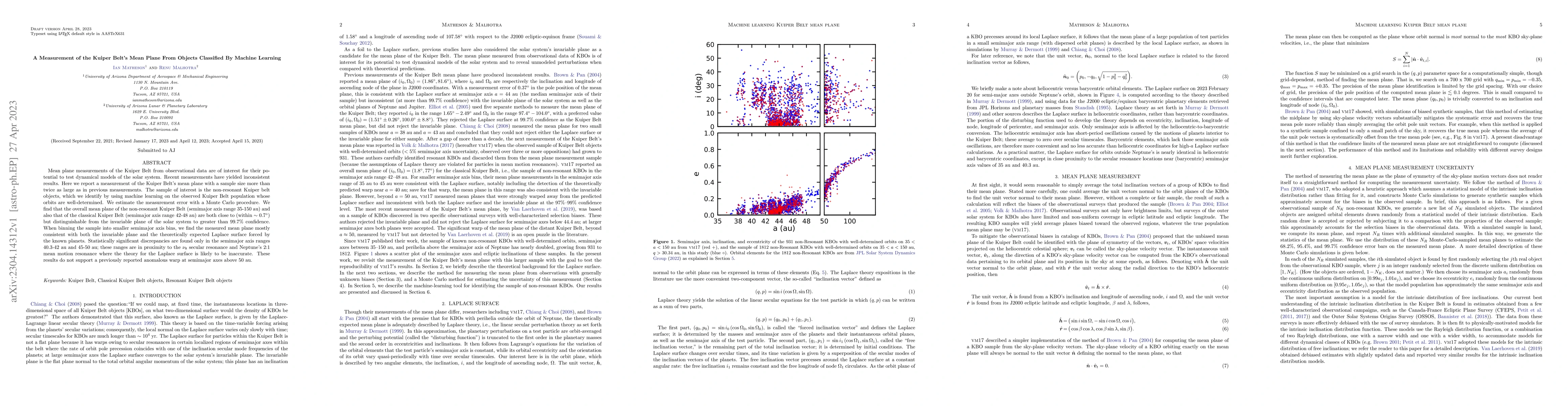 Thumbnail for A Measurement of the Kuiper Belt's Mean Plane From Objects Classified By
  Machine Learning
