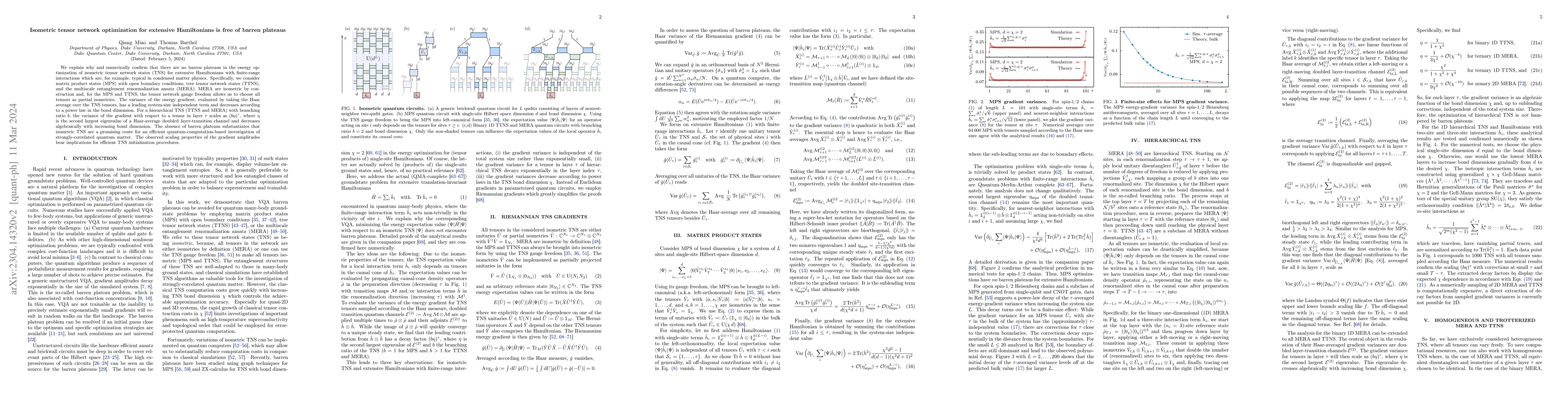 Thumbnail for Isometric tensor network optimization for extensive Hamiltonians is free
  of barren plateaus