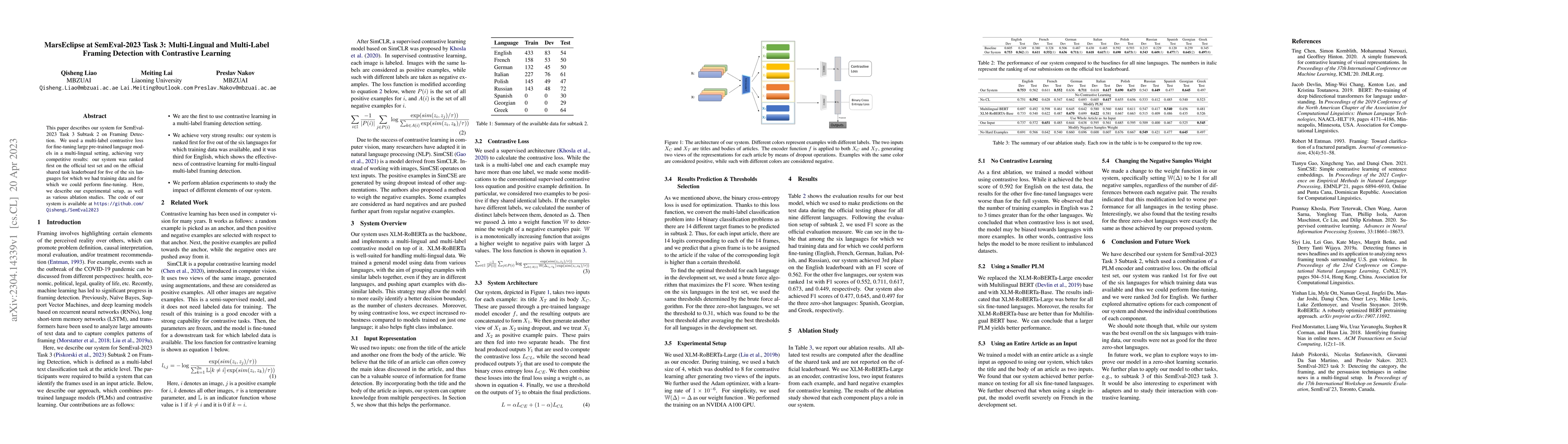 Thumbnail for MarsEclipse at SemEval-2023 Task 3: Multi-Lingual and Multi-Label
  Framing Detection with Contrastive Learning