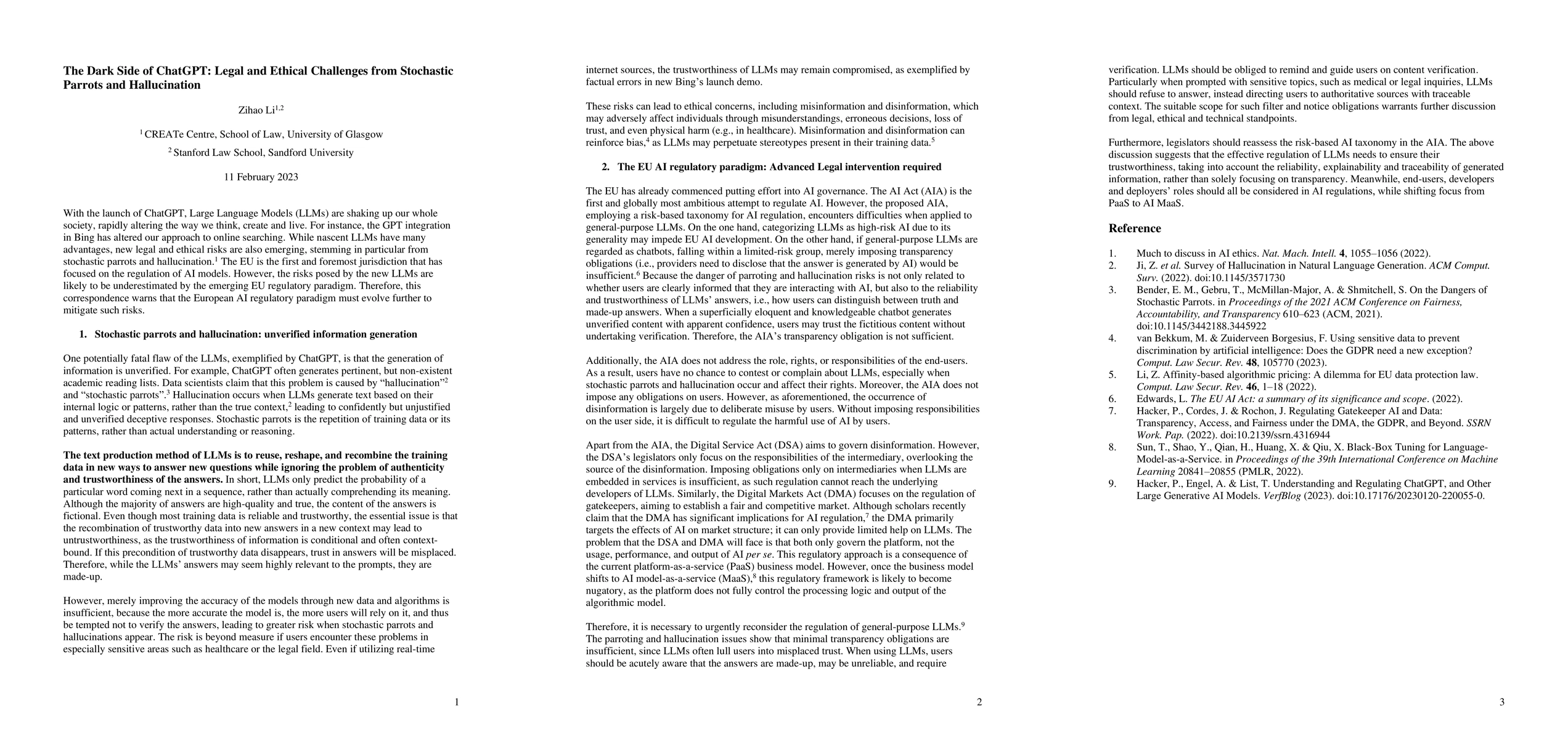Thumbnail for The Dark Side of ChatGPT: Legal and Ethical Challenges from Stochastic
  Parrots and Hallucination
