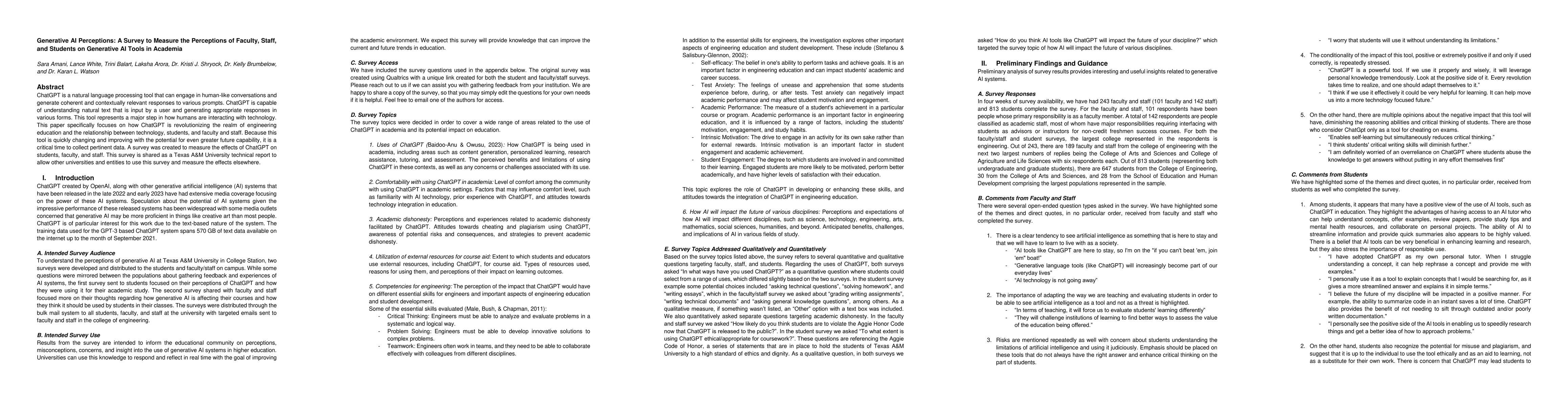 Thumbnail for Generative AI Perceptions: A Survey to Measure the Perceptions of
  Faculty, Staff, and Students on Generative AI Tools in Academia