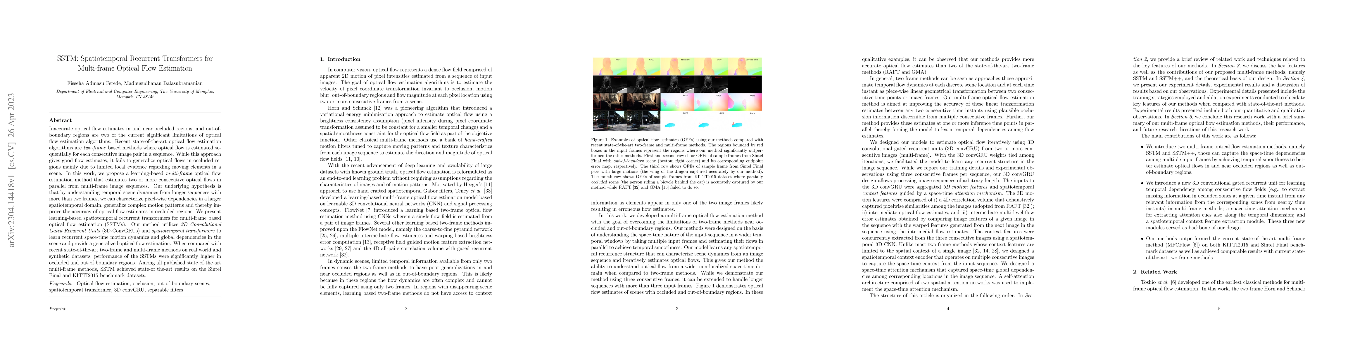 Thumbnail for SSTM: Spatiotemporal Recurrent Transformers for Multi-frame Optical Flow
  Estimation