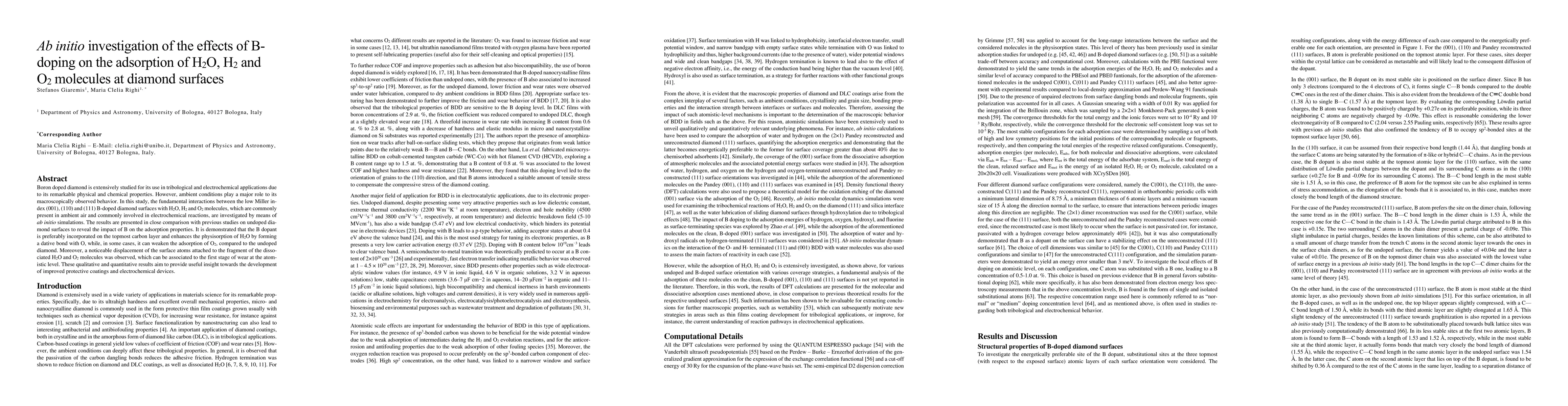 Thumbnail for Ab initio investigation of the effects of B-doping on the adsorption of
  H2O, H2 and O2 molecules at diamond surfaces