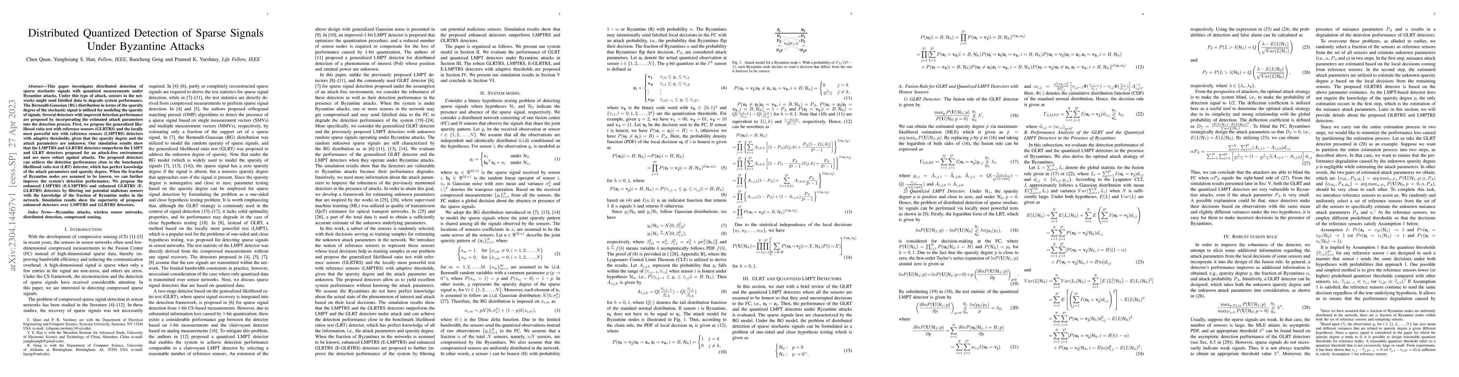 Thumbnail for Distributed Quantized Detection of Sparse Signals Under Byzantine
  Attacks