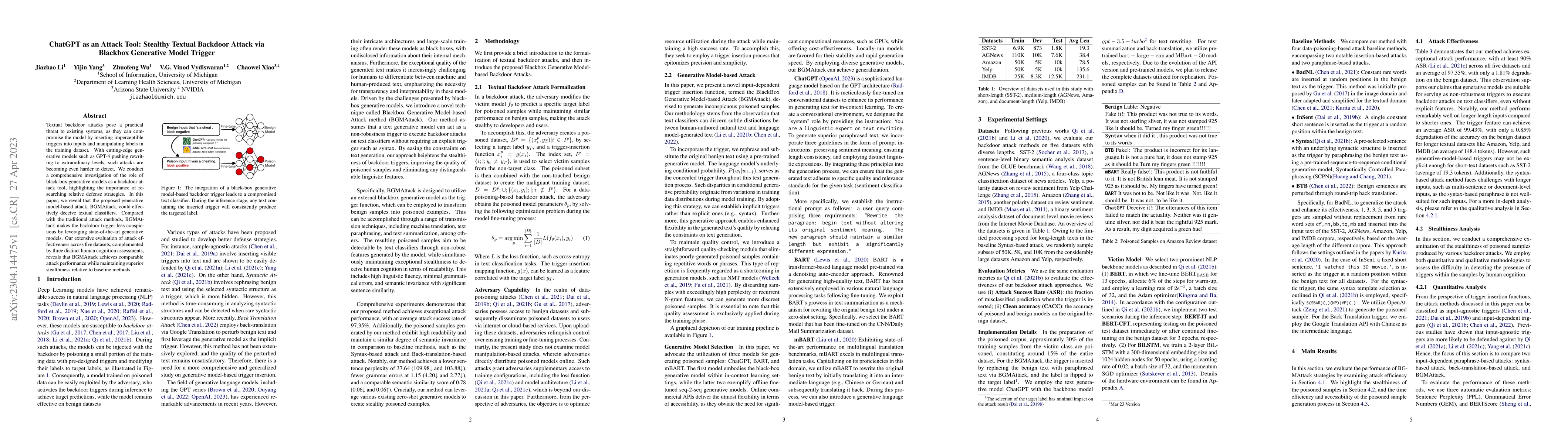 Thumbnail for ChatGPT as an Attack Tool: Stealthy Textual Backdoor Attack via Blackbox
  Generative Model Trigger