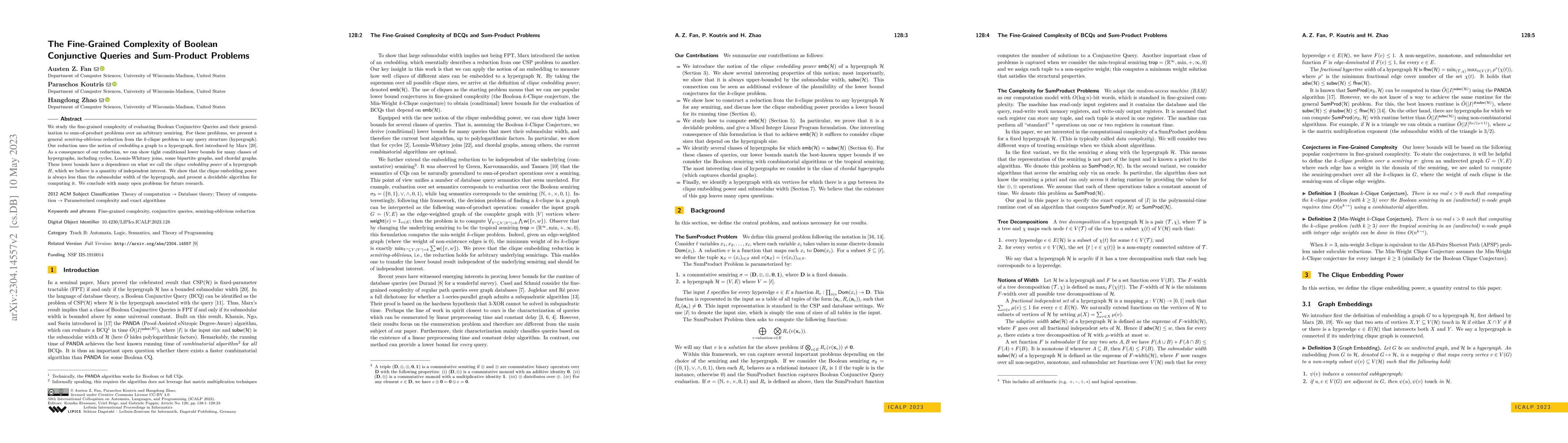 Thumbnail for The Fine-Grained Complexity of Boolean Conjunctive Queries and
  Sum-Product Problems