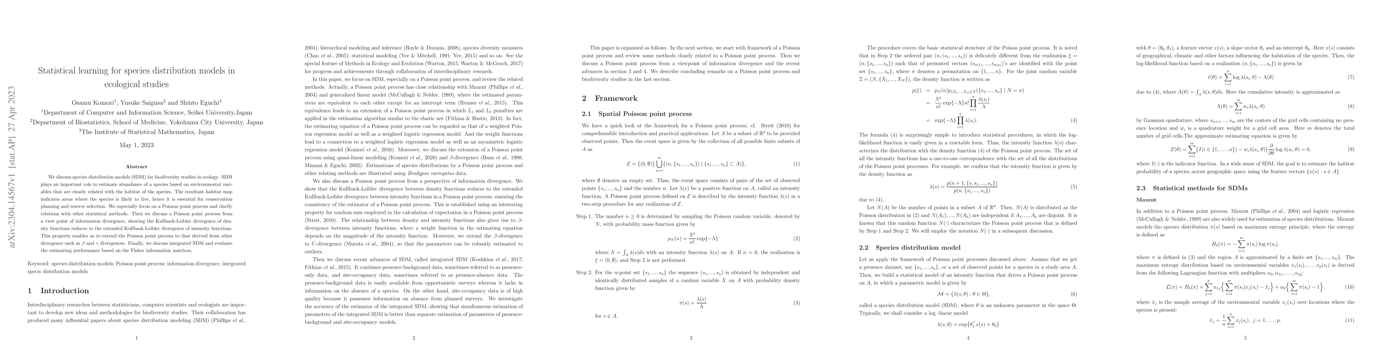 Thumbnail for Statistical learning for species distribution models in ecological
  studies