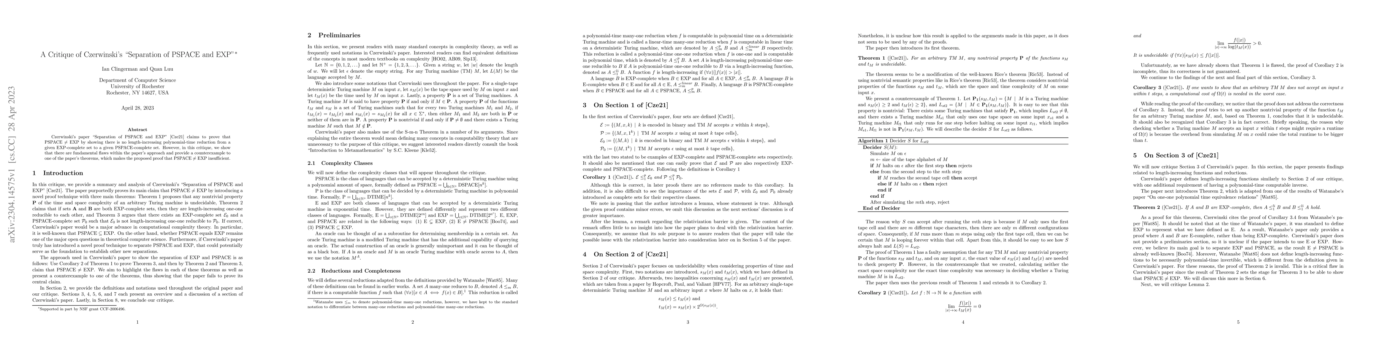 Thumbnail for A Critique of Czerwinski's "Separation of ${\rm PSPACE}$ and ${\rm
  EXP}$"