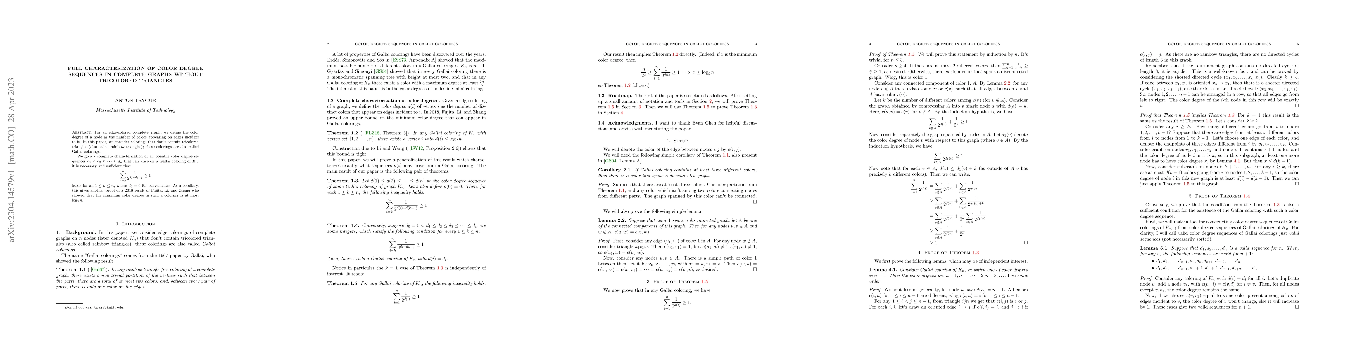 Thumbnail for Full Characterization of Color Degree Sequences in Complete Graphs
  Without Tricolored Triangles