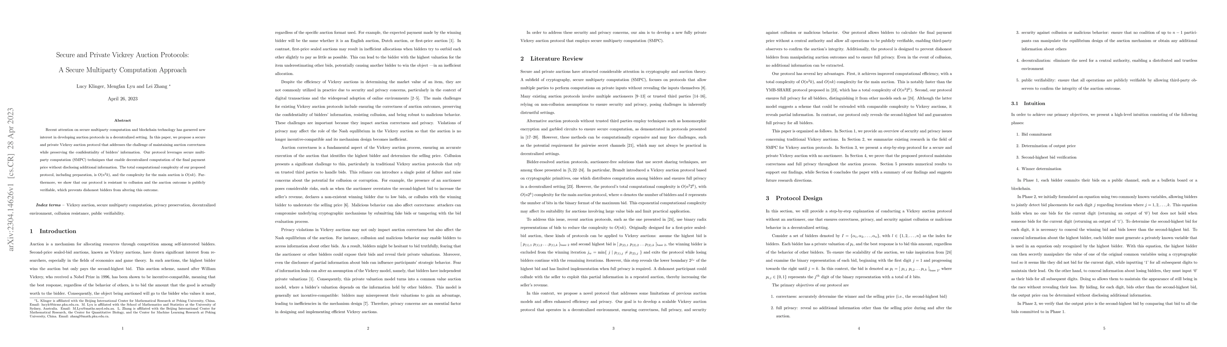 Thumbnail for Secure and Private Vickrey Auction Protocols: A Secure Multiparty
  Computation Approach