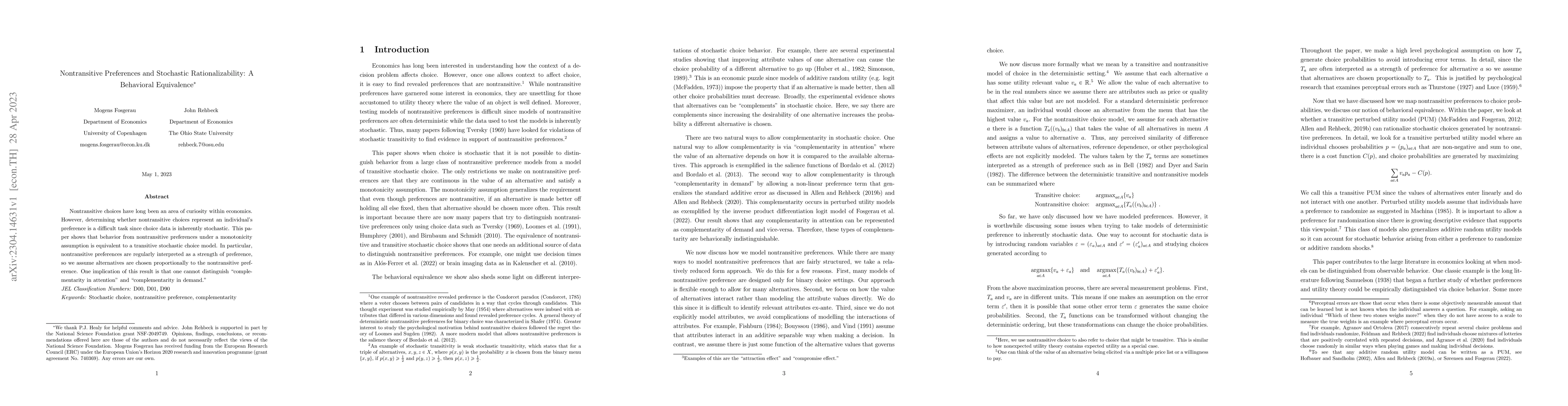 Thumbnail for Nontransitive Preferences and Stochastic Rationalizability: A Behavioral
  Equivalence