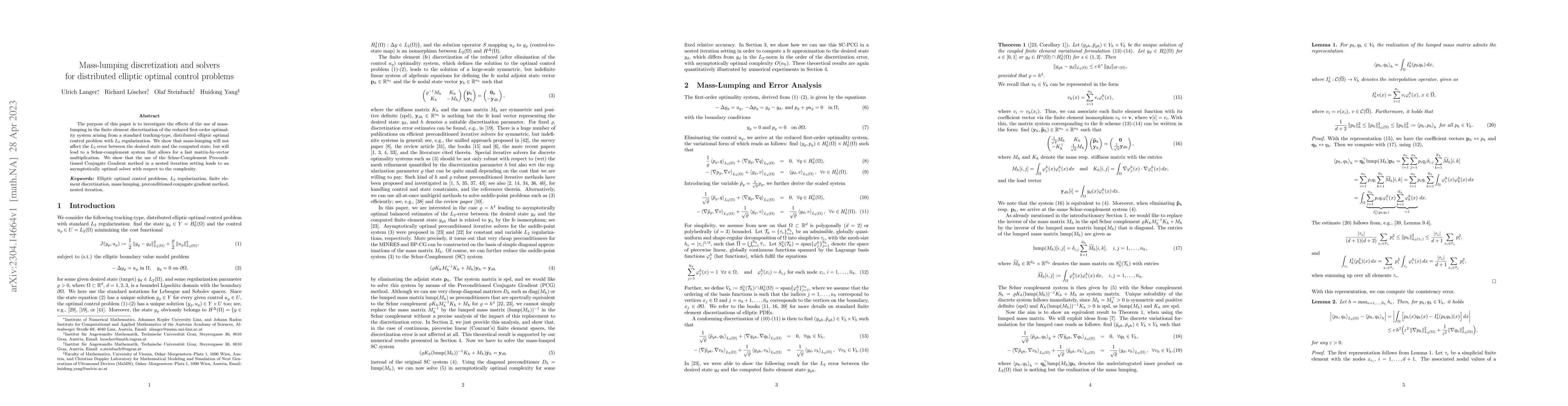 Thumbnail for Mass-lumping discretization and solvers for distributed elliptic optimal
  control problems