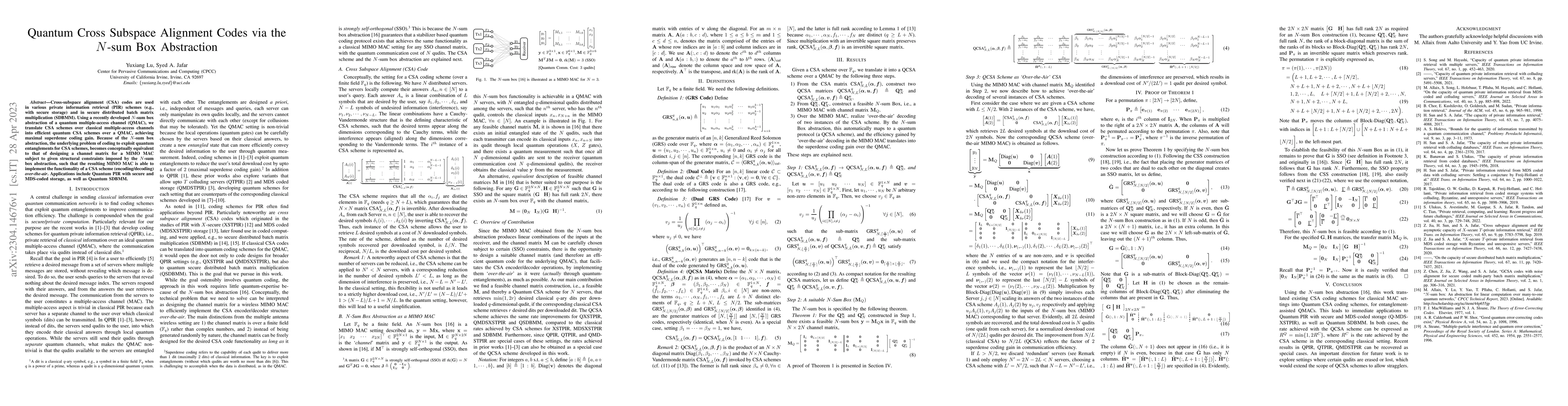 Thumbnail for Quantum Cross Subspace Alignment Codes via the $N$-sum Box Abstraction