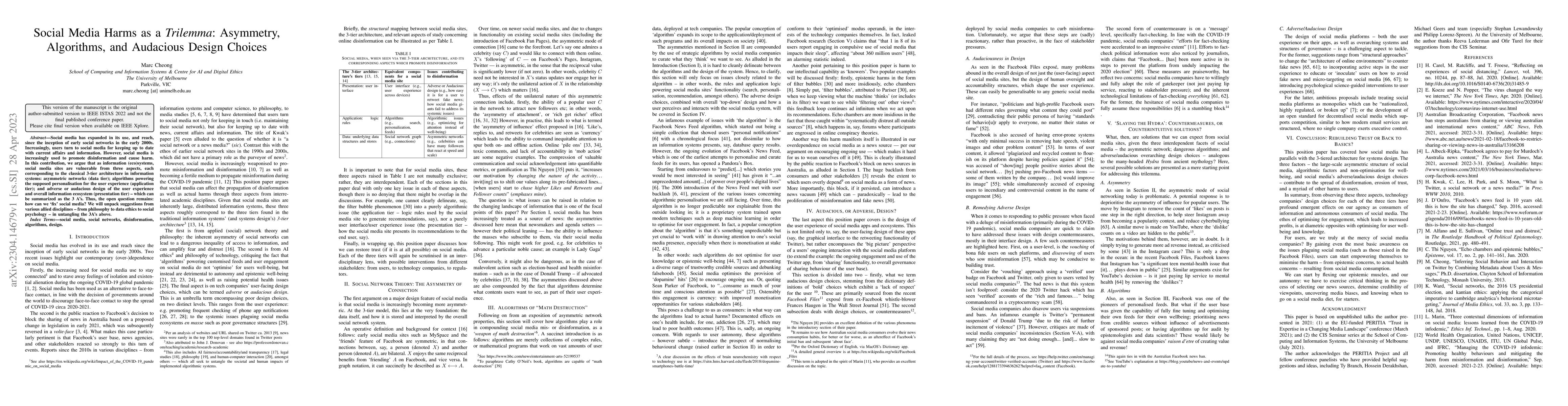 Thumbnail for Social Media Harms as a Trilemma: Asymmetry, Algorithms, and Audacious
  Design Choices