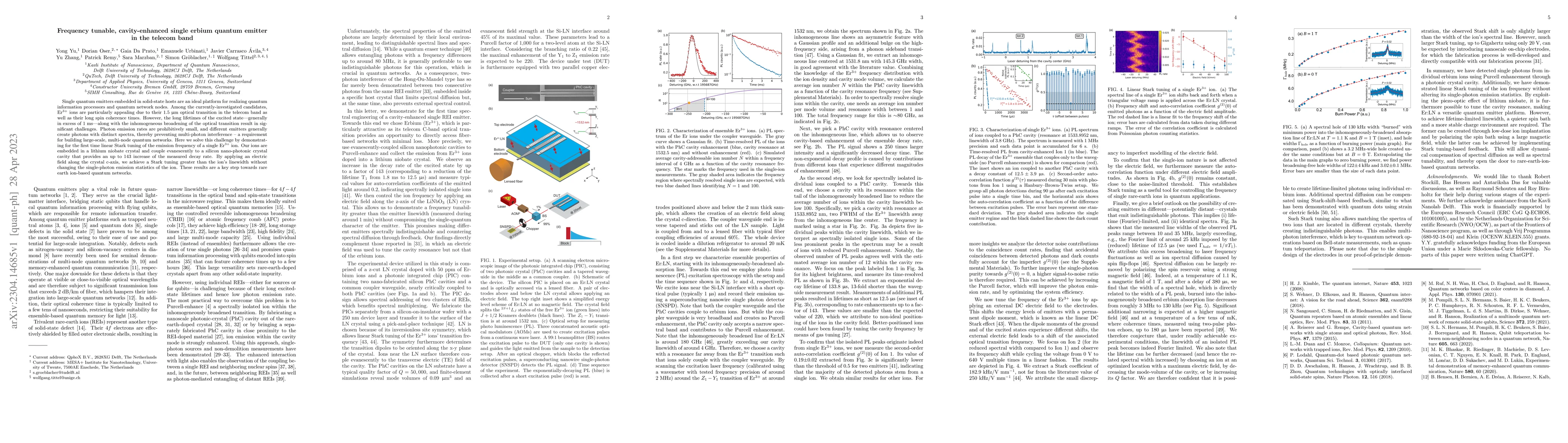 Thumbnail for Frequency tunable, cavity-enhanced single erbium quantum emitter in the
  telecom band