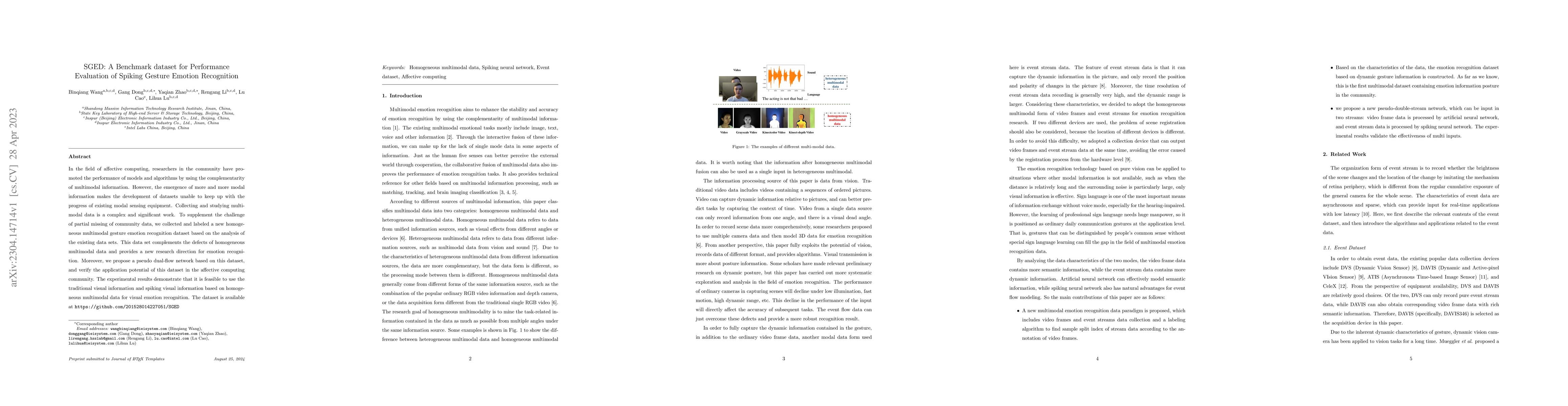Thumbnail for SGED: A Benchmark dataset for Performance Evaluation of Spiking Gesture
  Emotion Recognition