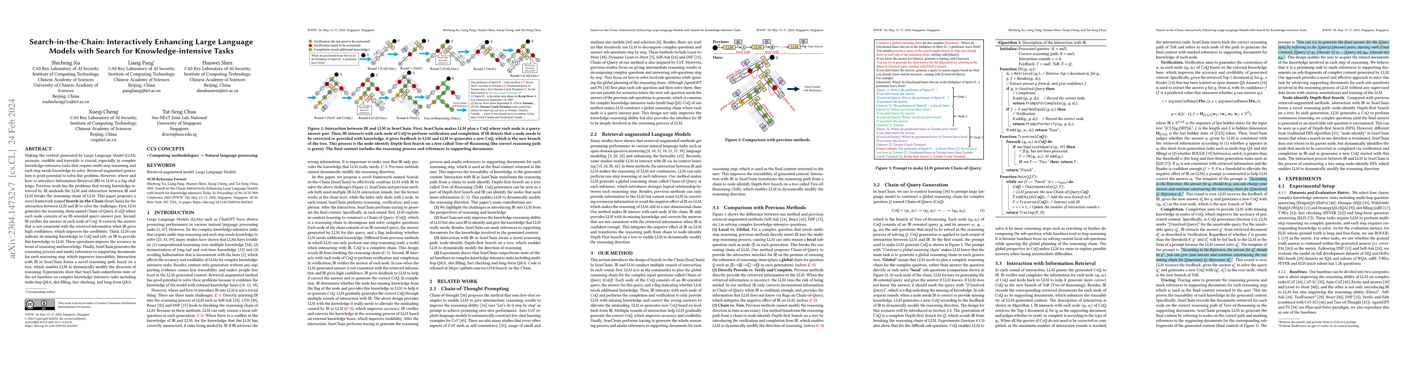 Thumbnail for Search-in-the-Chain: Interactively Enhancing Large Language Models with
  Search for Knowledge-intensive Tasks
