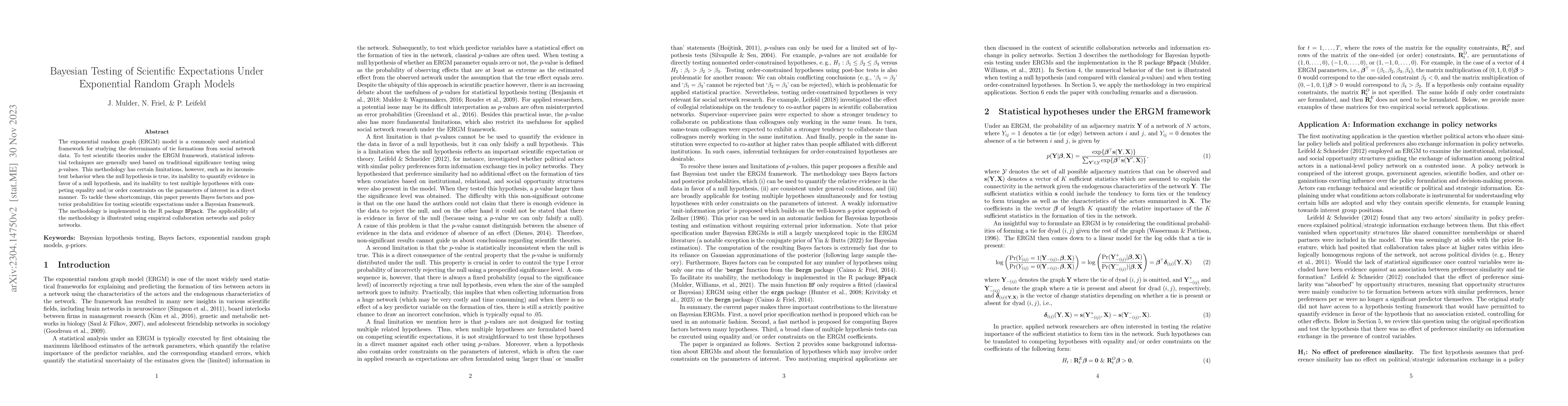 Thumbnail for Bayesian Testing of Scientific Expectations Under Exponential Random
  Graph Models