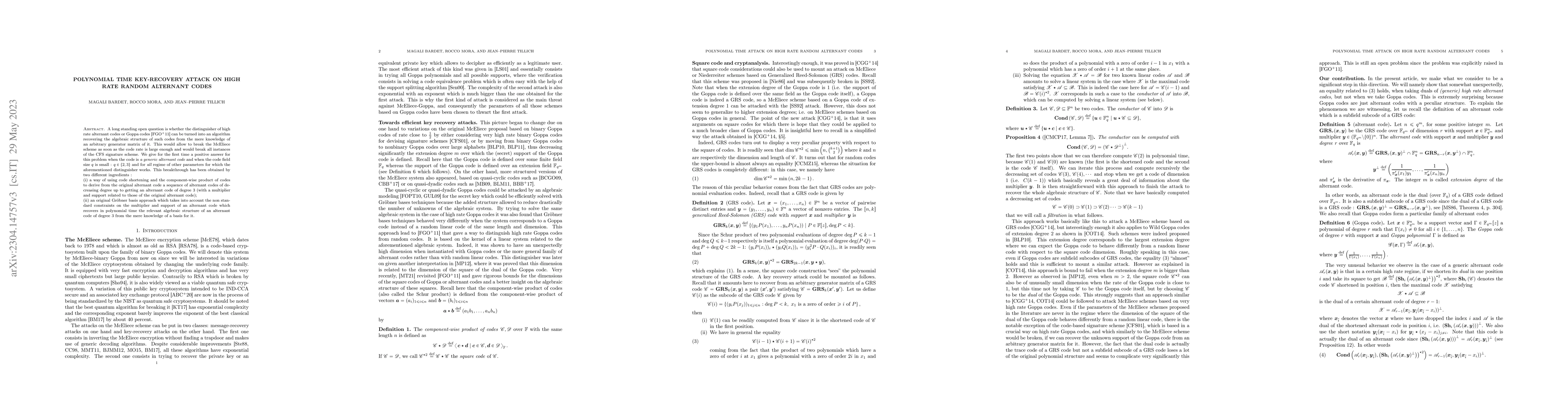 Thumbnail for Polynomial time key-recovery attack on high rate random alternant codes
