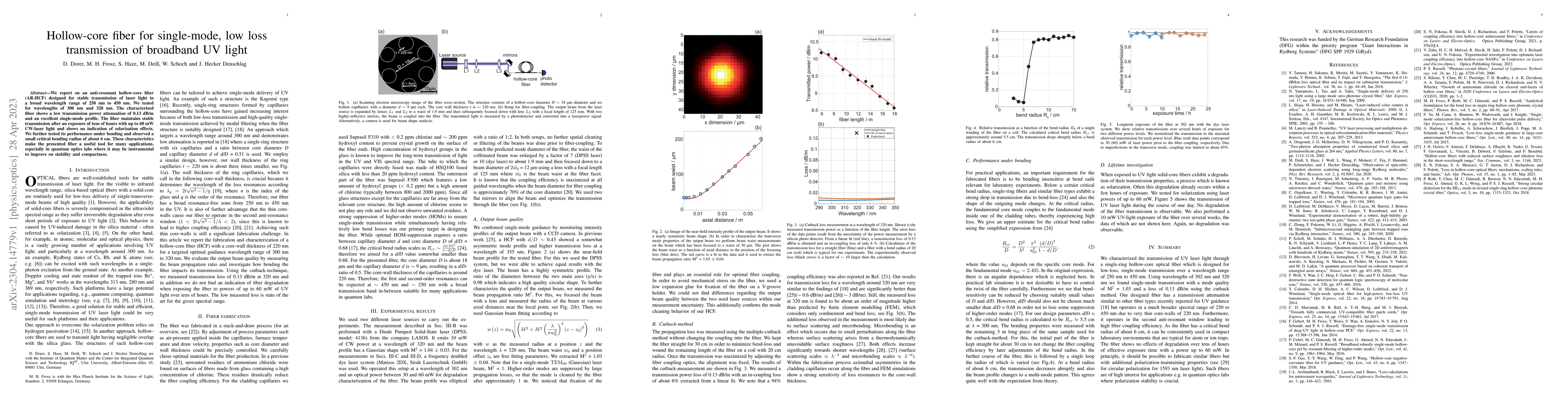 Thumbnail for Hollow-core fiber for single-mode, low loss transmission of broadband UV
  light