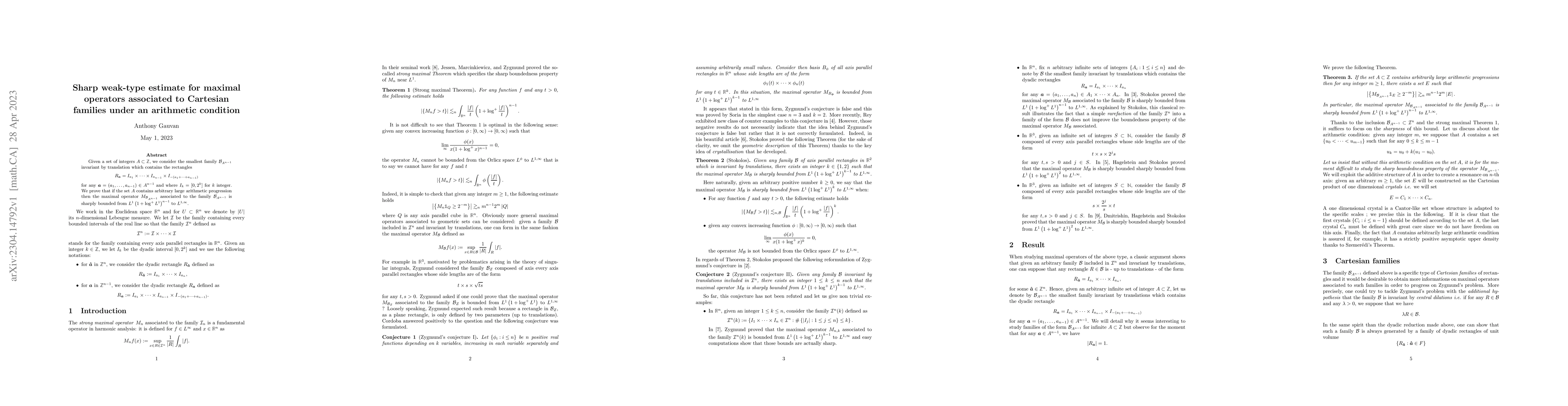 Thumbnail for Sharp weak-type estimate for maximal operators associated to Cartesian
  families under an arithmetic condition