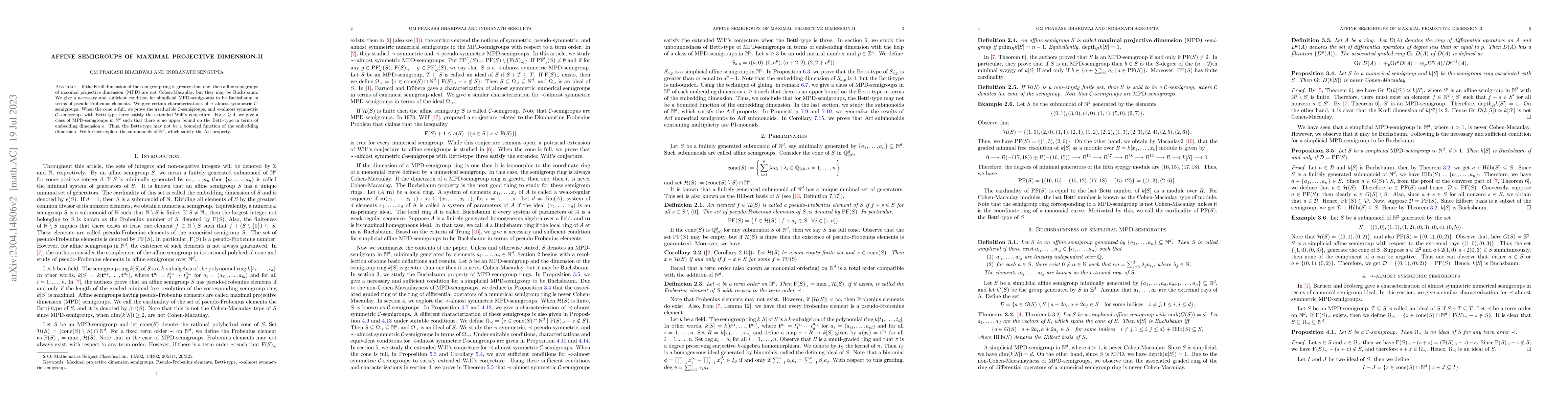 Thumbnail for Affine semigroups of maximal projective dimension-II