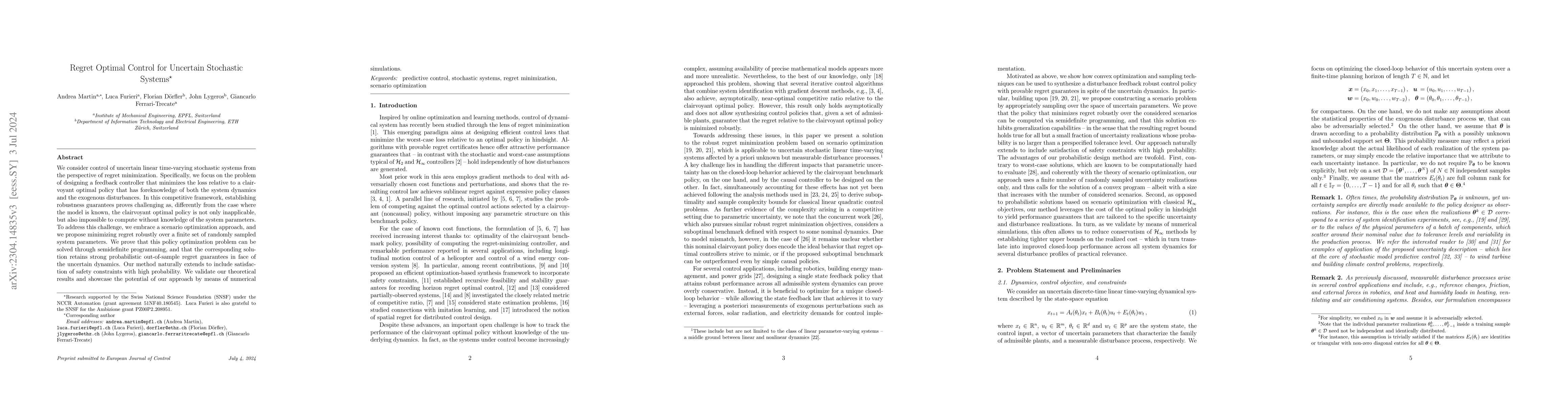Thumbnail for Regret Optimal Control for Uncertain Stochastic Systems