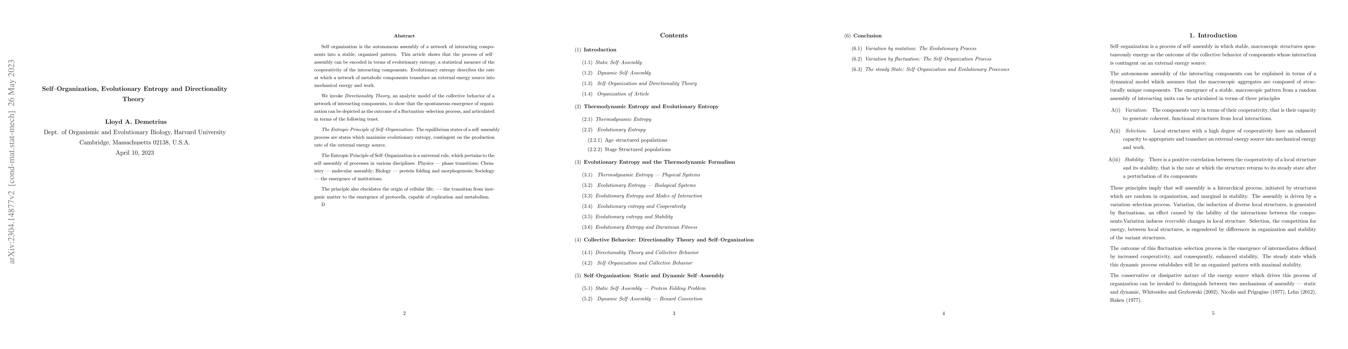 Thumbnail for Self-Organization, Evolutionary Entropy and Directionality Theory