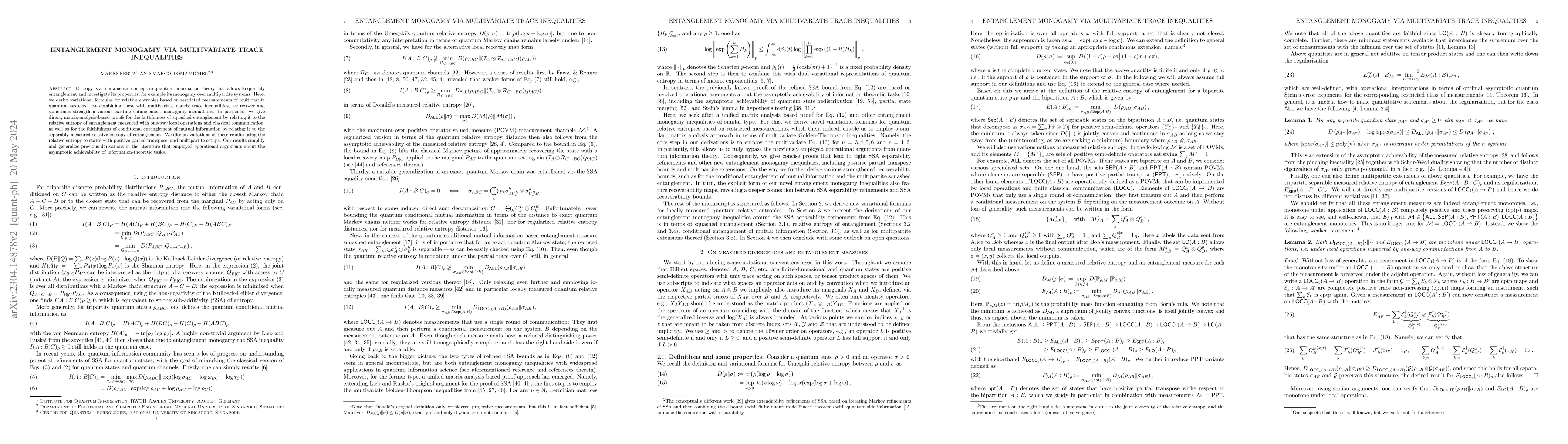 Thumbnail for Entanglement monogamy via multivariate trace inequalities