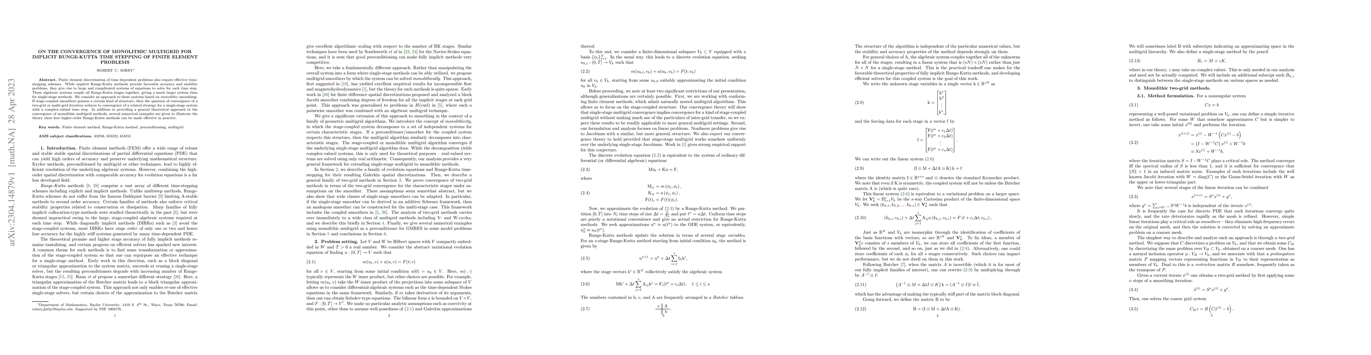 Thumbnail for On the convergence of monolithic multigrid for implicit Runge-Kutta time
  stepping of finite element problems