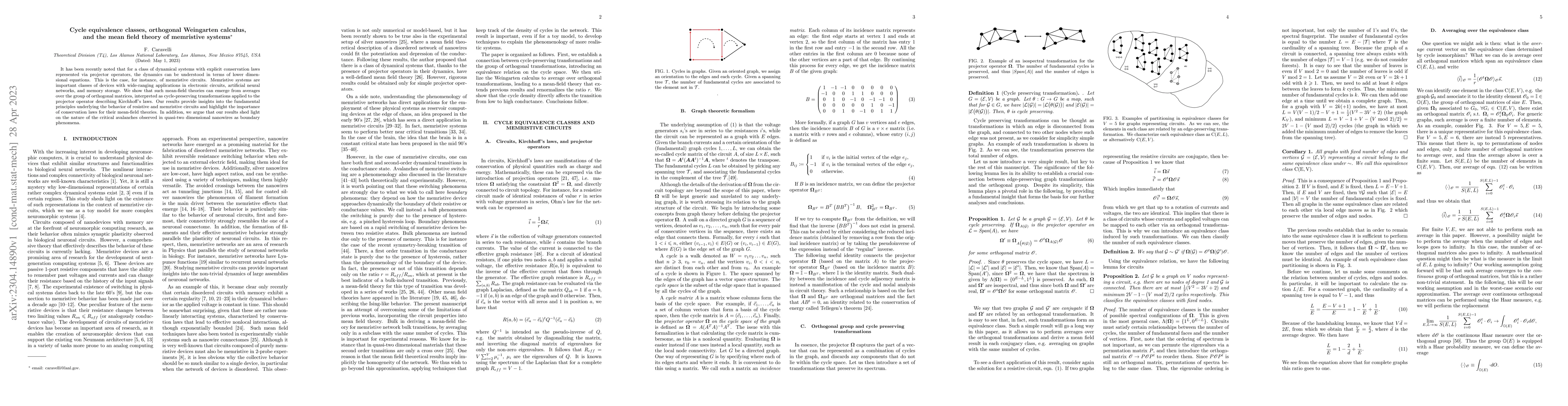 Thumbnail for Cycle equivalence classes, orthogonal Weingarten calculus, and the mean
  field theory of memristive systems
