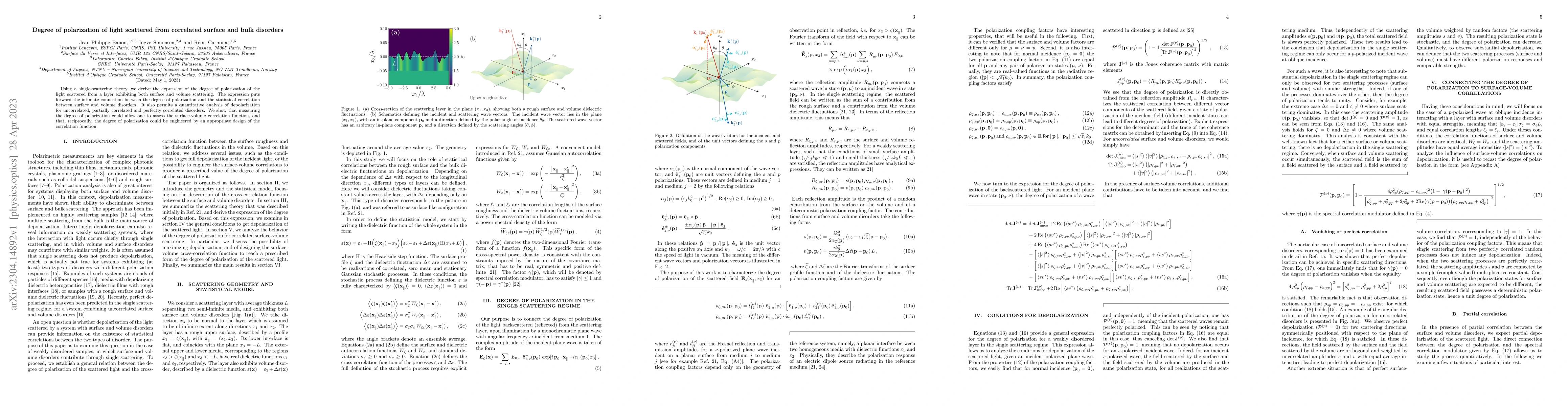 Thumbnail for Degree of polarization of light scattered from correlated surface and
  bulk disorders