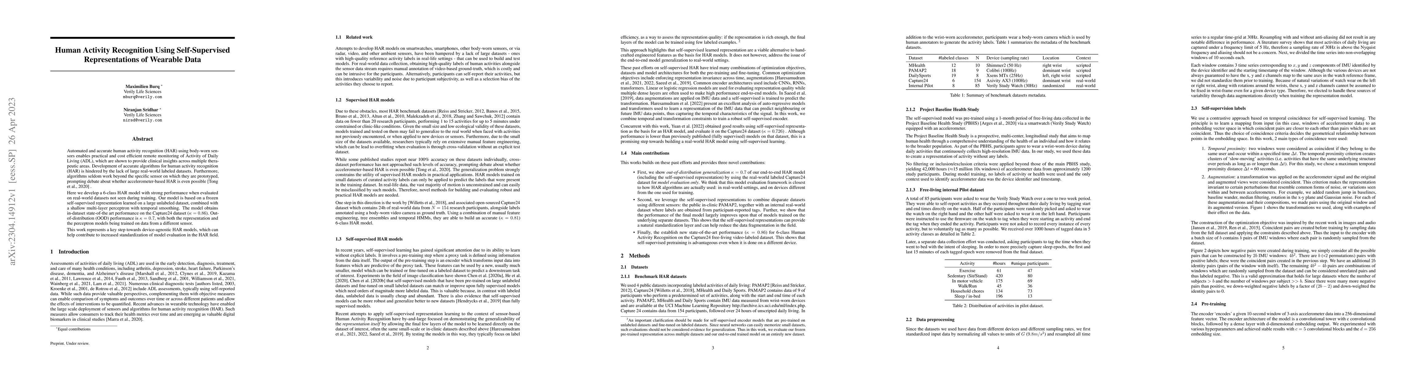 Thumbnail for Human Activity Recognition Using Self-Supervised Representations of
  Wearable Data