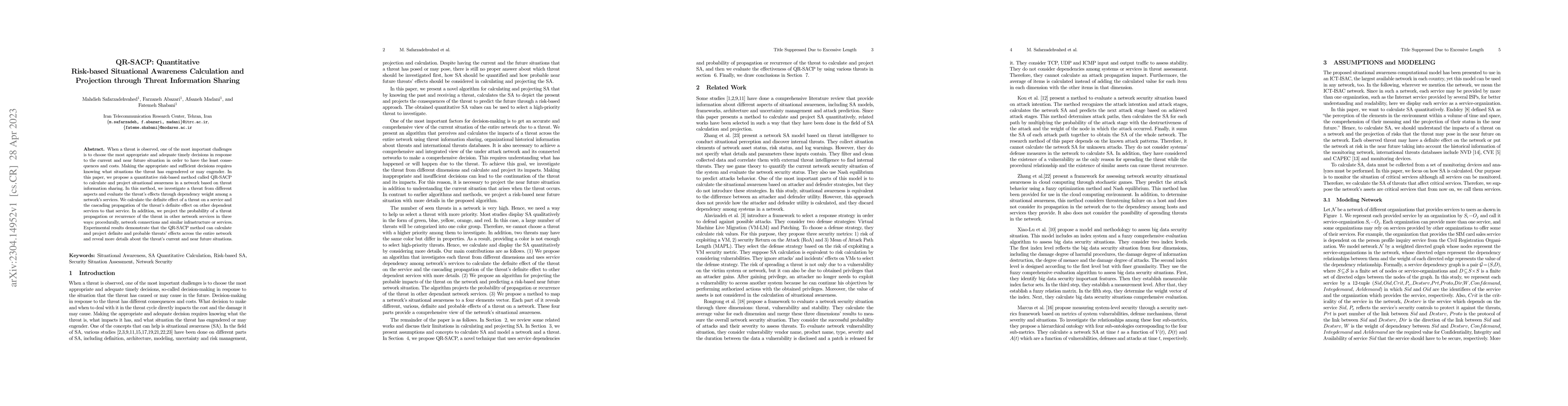 Thumbnail for QR-SACP: Quantitative Risk-based Situational Awareness Calculation and
  Projection through Threat Information Sharing