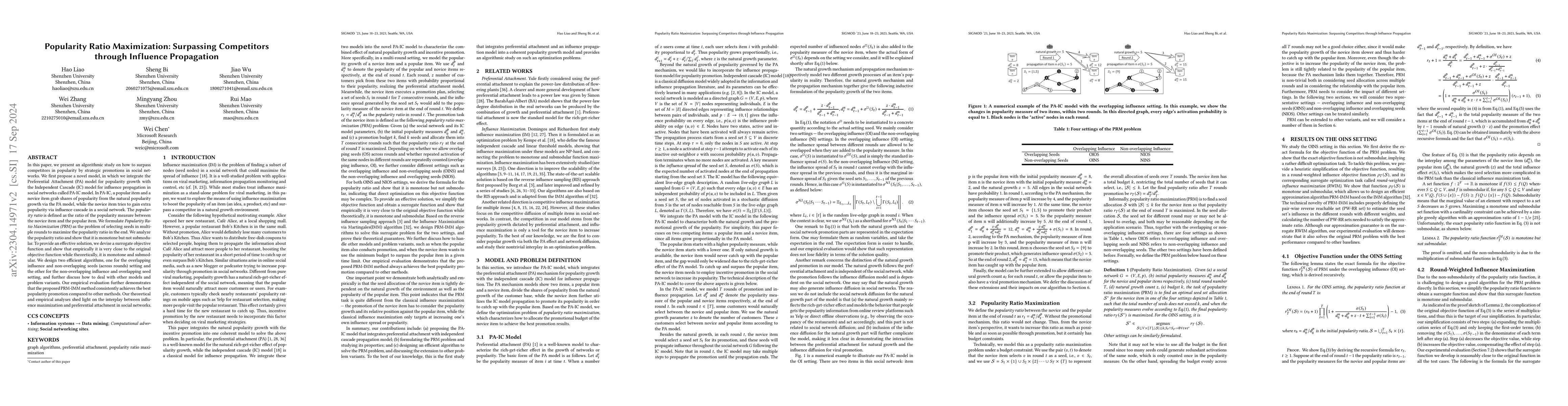 Thumbnail for Popularity Ratio Maximization: Surpassing Competitors through Influence
  Propagation