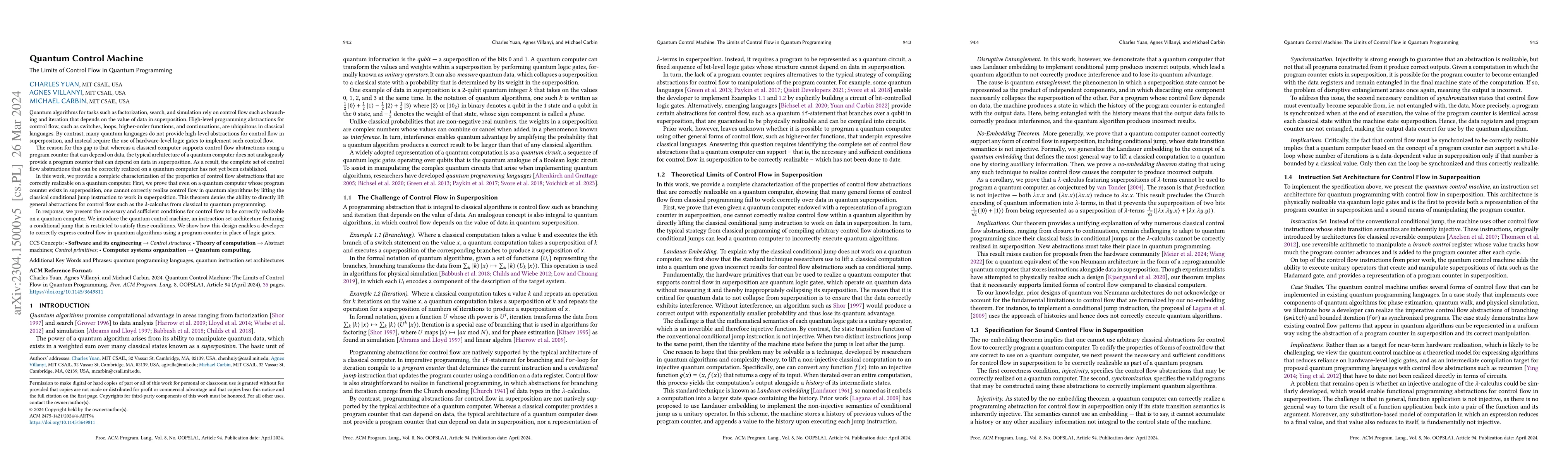 Thumbnail for Quantum Control Machine: The Limits of Control Flow in Quantum
  Programming