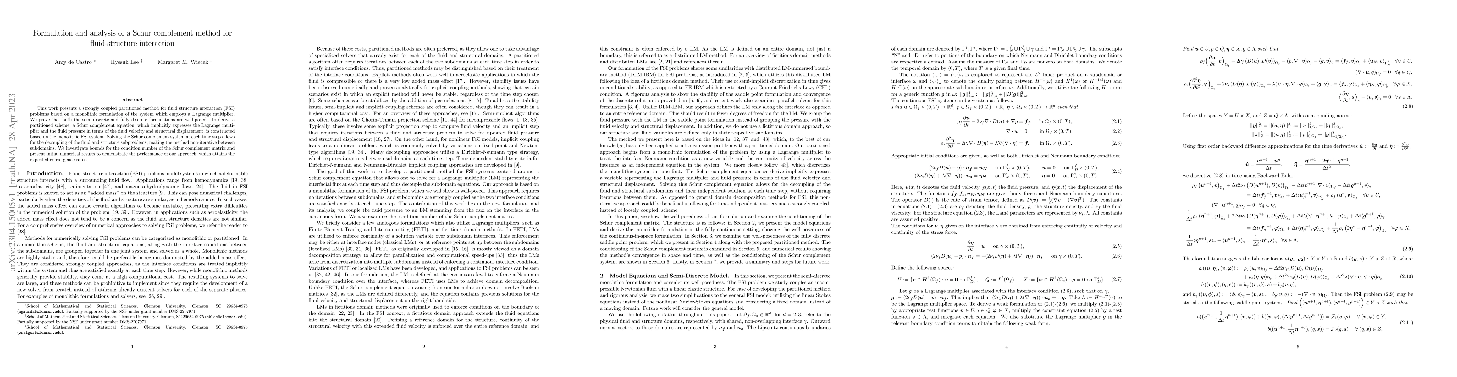 Thumbnail for Formulation and analysis of a Schur complement method for
  fluid-structure interaction