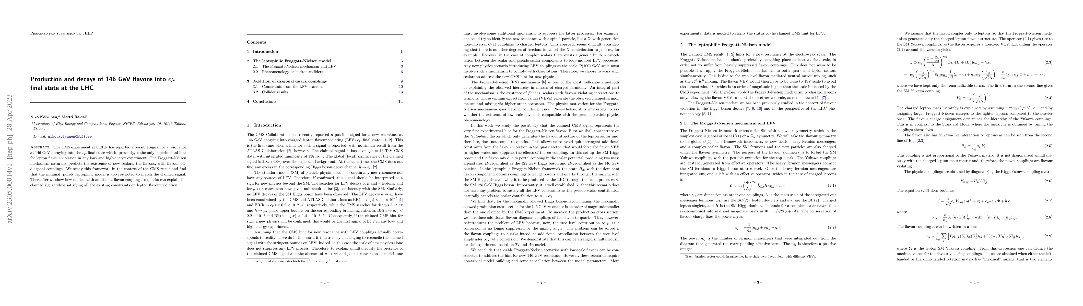 Thumbnail for Production and decays of 146 GeV flavons into $e\mu$ final state at the
  LHC