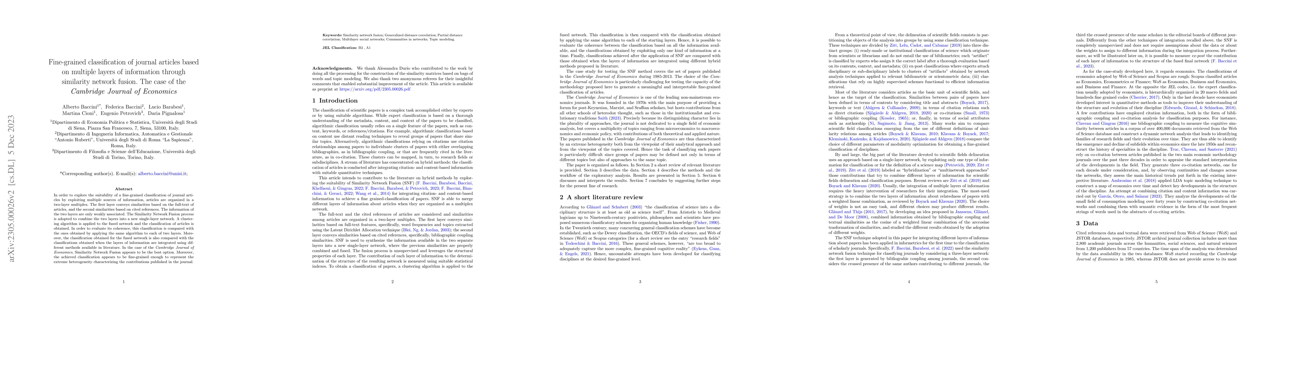 Thumbnail for Fine-grained classification of journal articles by relying on multiple
  layers of information through similarity network fusion: the case of the
  Cambridge Journal of Economics