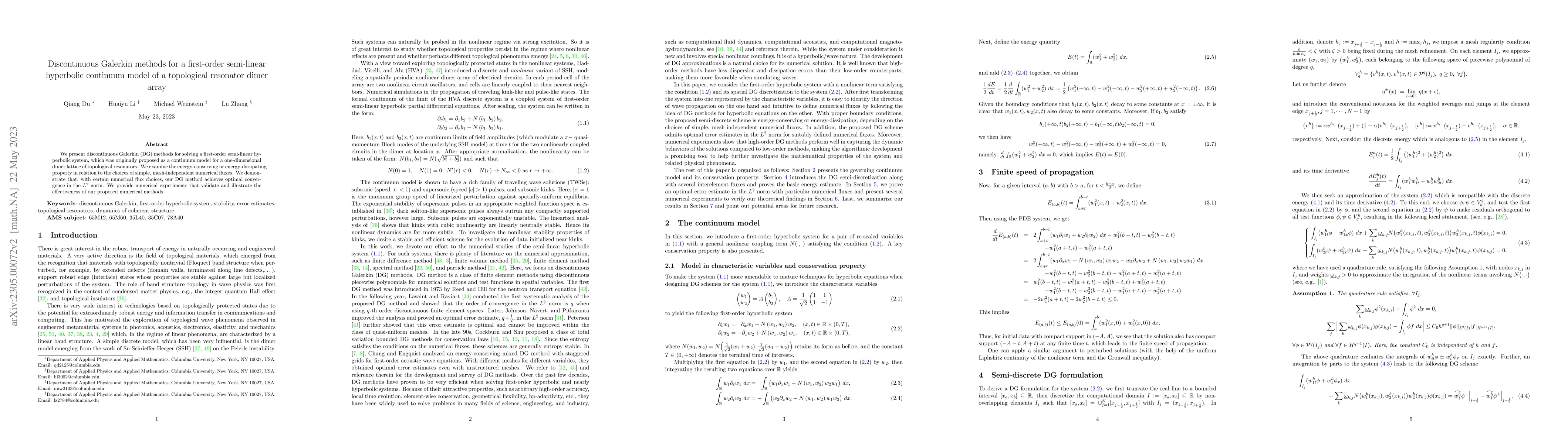 Thumbnail for Discontinuous Galerkin methods for a first-order semi-linear hyperbolic
  continuum model of a topological resonator dimer array