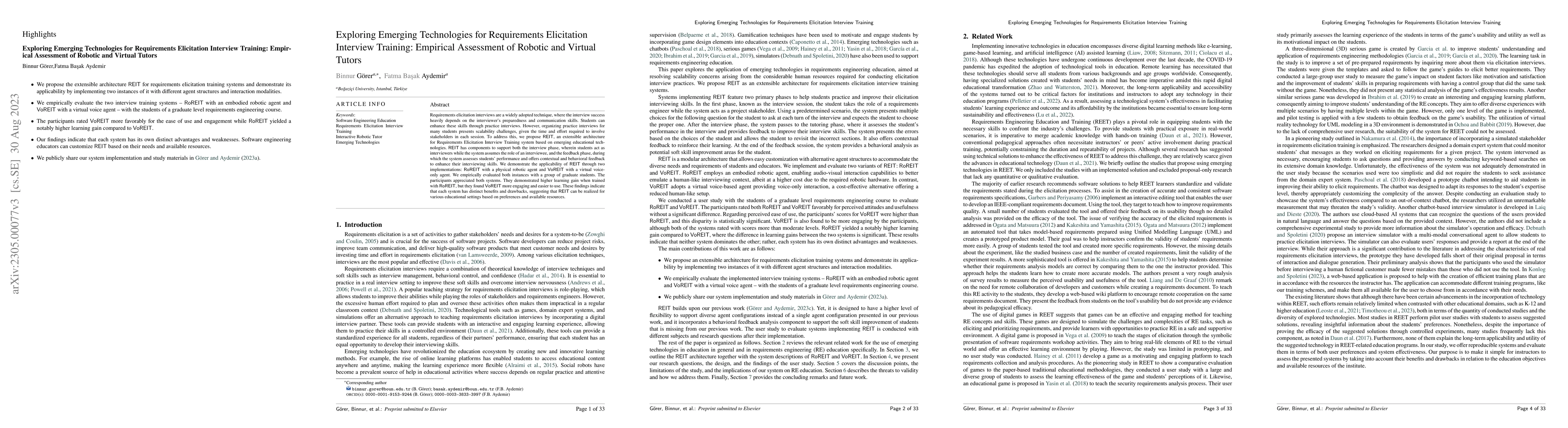 Thumbnail for Exploring Emerging Technologies for Requirements Elicitation Interview
  Training: Empirical Assessment of Robotic and Virtual Tutors