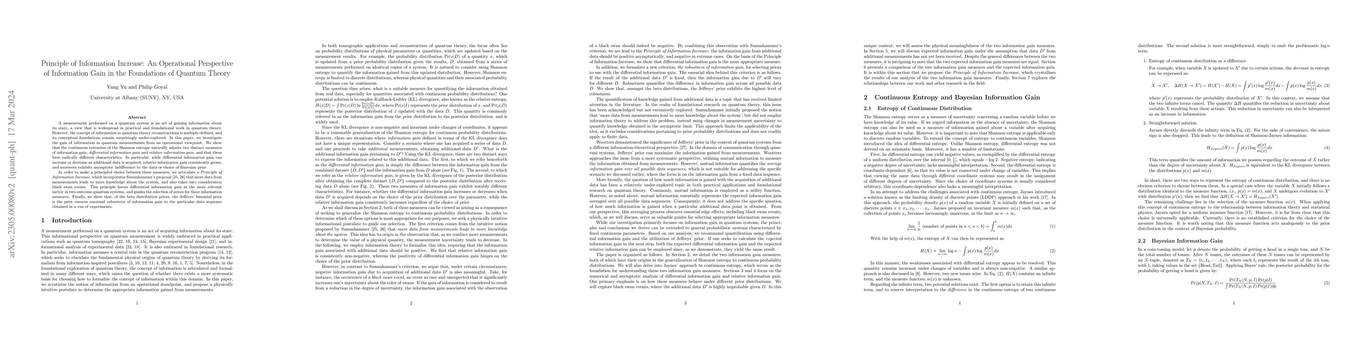 Thumbnail for Principle of Information Increase: An Operational Perspective of
  Information Gain in the Foundations of Quantum Theory