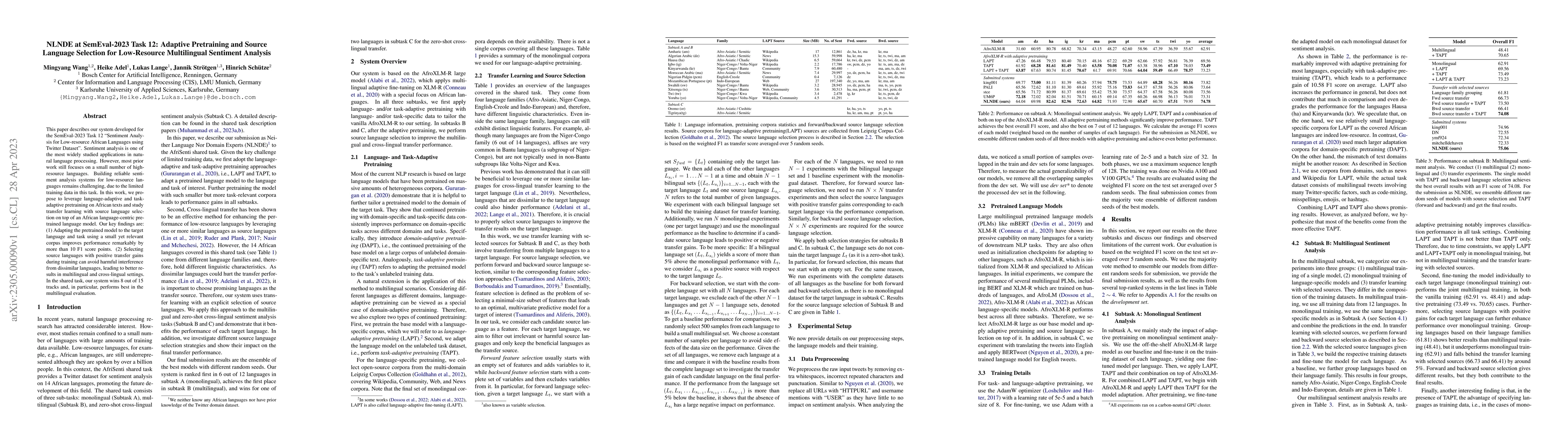 Thumbnail for NLNDE at SemEval-2023 Task 12: Adaptive Pretraining and Source Language
  Selection for Low-Resource Multilingual Sentiment Analysis