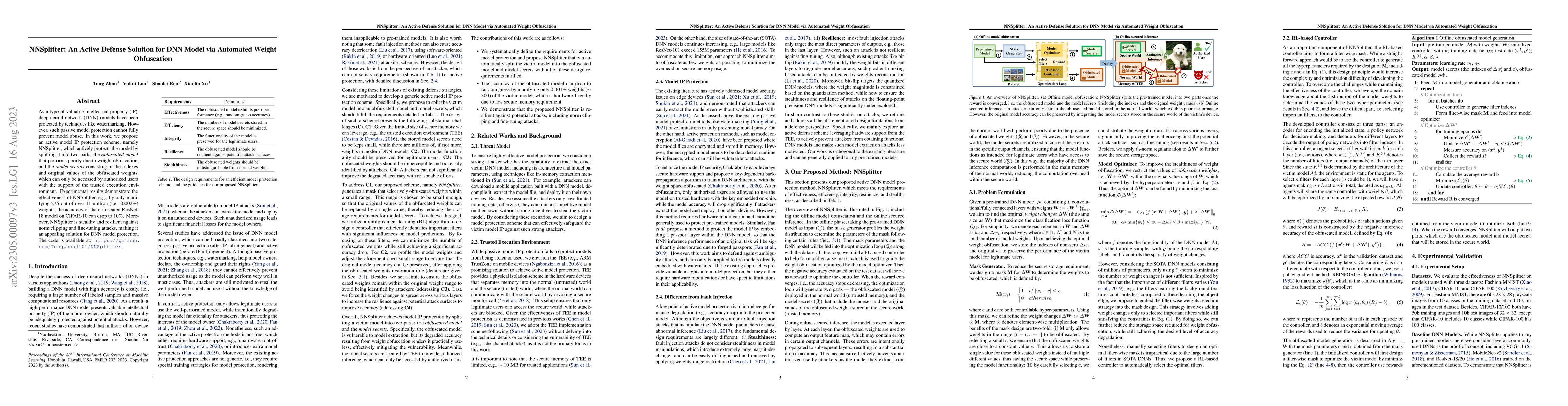 Thumbnail for NNSplitter: An Active Defense Solution for DNN Model via Automated
  Weight Obfuscation